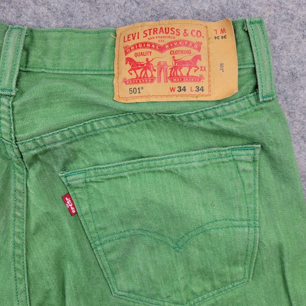 Levis 501 Jeans Mens 34x34 Green Regular Straight Button Fly Denim Pants Casual - Picture 9 of 10